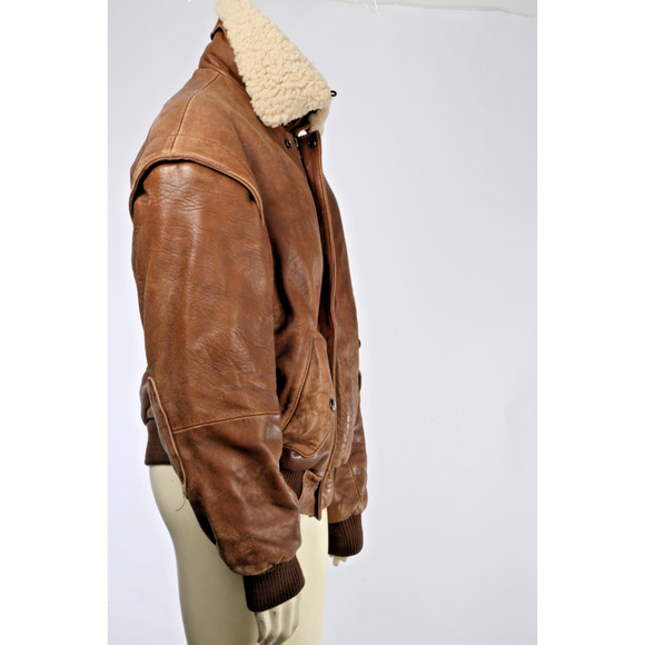 Vintage Midway Brown Leather Zipper Bomber Jacket Size 40 Sheep Shearling Collar - Picture 11 of 16
